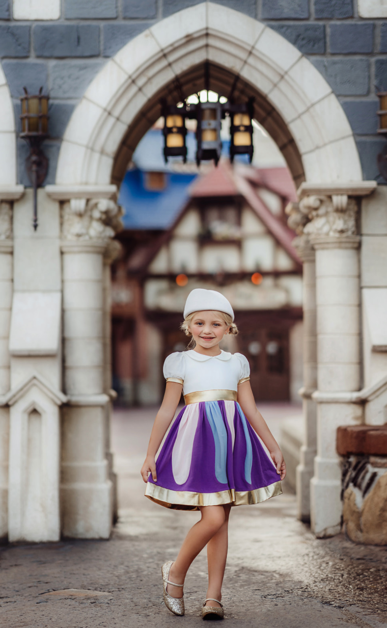 A young girl is twirling in a cotton dress. The bodice has a peter pan collar and puff sleeves with gold cuffs. There is a band of gold at the waist. The skirt is purple with light pink and light blue panels. A metallic gold band lines the hem. 