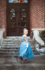 A young girl stands in a light blue gown.  The chiffon puff sleeves lead into a light blue lace bodice.  There is a small chiffon bustle ruffle over a stretch velour skirt.  The skirt is lined with tulle and cotton for fullness. 