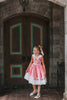 A young girl is wearing The Fairy Godmother Collection Cinderelly Pink Dress. The dress is woven cotton with a white collar and pink bow. The full skirt has bows at the bottom with a white hem. 