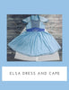 The Ice Queen Dress and Cape Set, with a sheer chiffon removable cape. The light blue cap sleeves have white lace over them and silver racking on the bottom.  There is a silver sparkle panel on the chest and a silver embroidered snowflake on the darker blue fabric on the chest. Silver trim lines the bottom of the light blue twirl dress. 