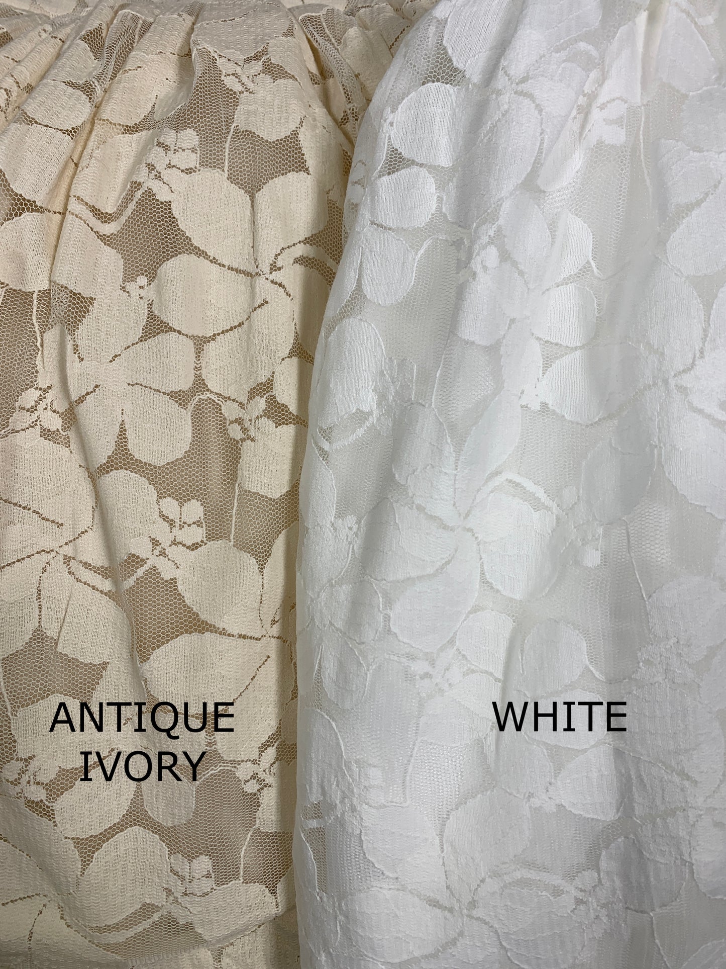 A photo showing the fabric colors. On the left antique ivory. On the right, White. 