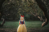 A young girl stands in a forest wearing the Portrait Collection Snow White Gown. The gown is velvet blue and a light yellow skirt with a red ribbon criss cross accent on the bodice. The dress is sleeveless with a red and blue flutter ruffle on the top. 